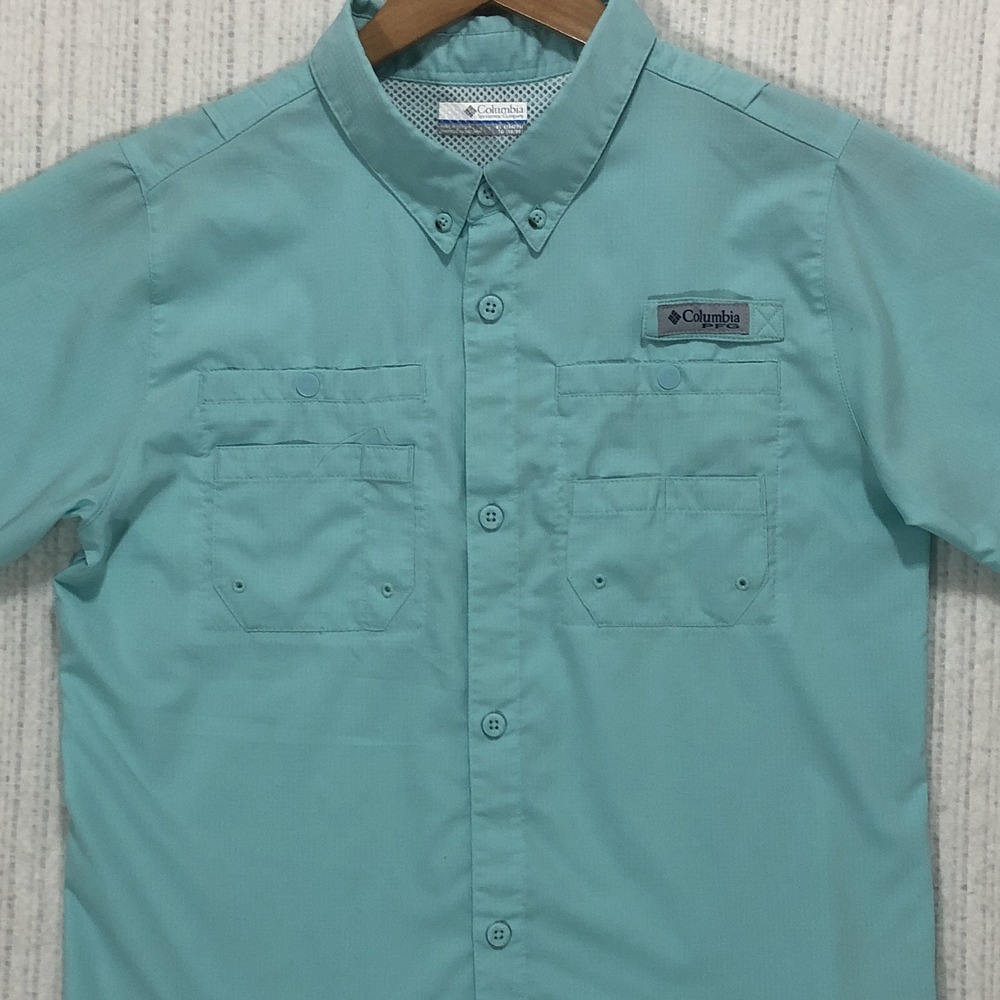 Columbia PFG Boys XL 18/20 Tamiami Short Sleeve Fishing Shirt Aqua XB7032